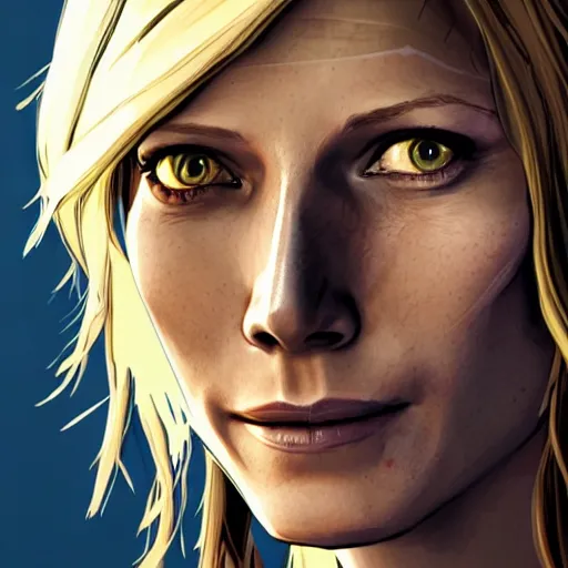 Image similar to gwyneth paltrow portrait, borderlands, tales from the borderlands, the wolf among us, comic, cinematic lighting, studio quality, 8 k