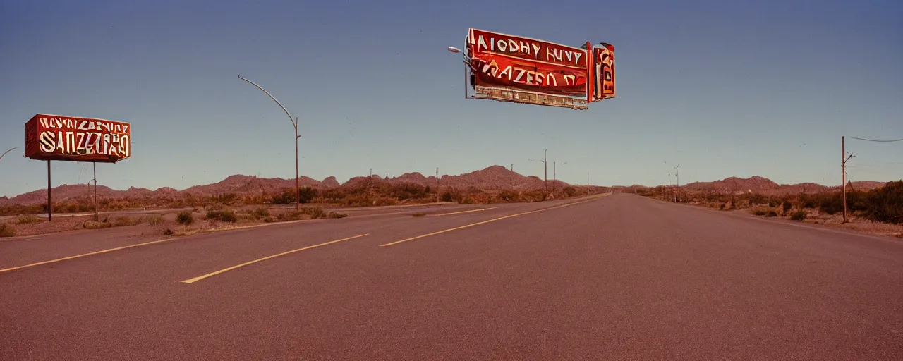 Prompt: highway advertisements promoting spaghetti, highway 5 0, arizona, sunset, canon 2 0 mm, shallow depth of field, kodachrome, in the style of wes anderson