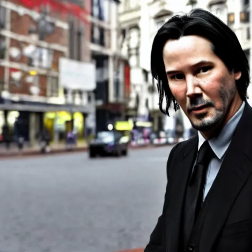 Prompt: Impressionist Noir Keanu Reeves in cityscape post-impressionist London