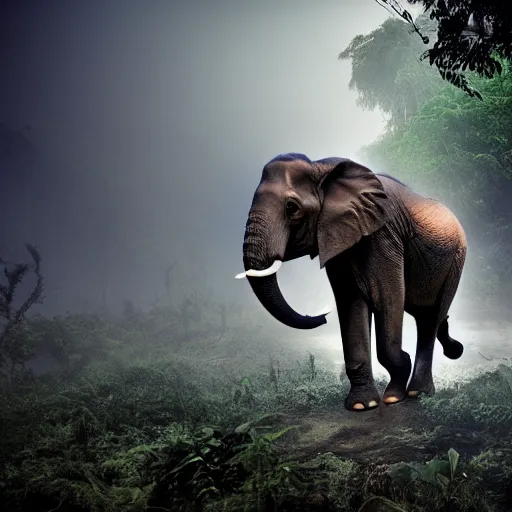 Image similar to an elephant octopus chimera, in a jungle with ominous light from above, ambient light, fog, river