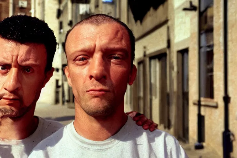 Image similar to close view headshot portrait of a pair knacker, tall and small, posing on a street, sad, in gangsta comedy of 1990s, movie shot, Lock, Stock and Two Smoking Barrels