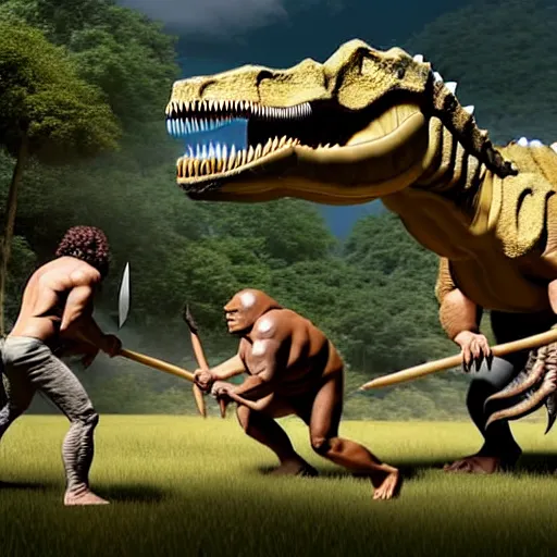 Image similar to A large dinosaur! fighting with several realistic detailed cavemen with proportioned bodies, next to the dinosaur are cavemen, the cavemen are armed with spears, the caveman are in a fighting stance, the cavemen are wearing animal furs, one caveman is stabbing the dinosaur with his spear, one caveman is cowering in fear, coarse canvas, visible brushstrokes, intricate, extremely detailed painting by William Turner (and by Greg Rutkowski)