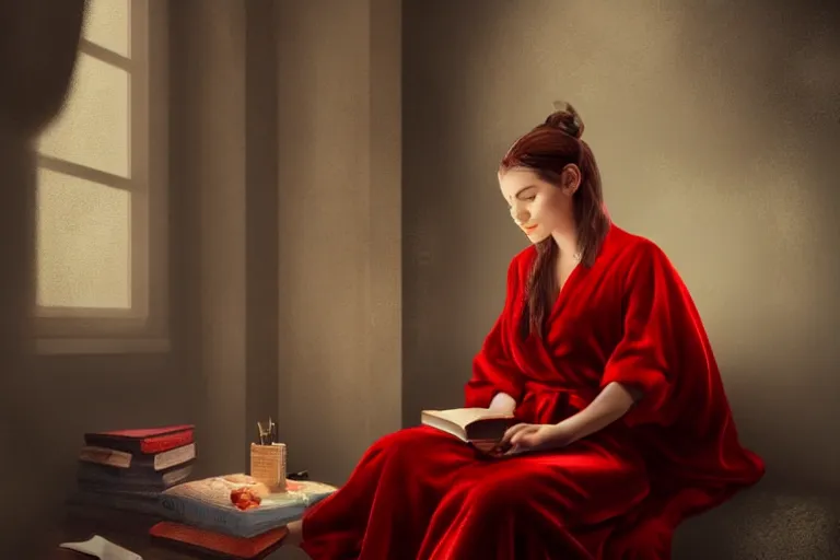 Image similar to A beautiful young woman sitting in her room reading a book. She is wearing a red robe and holding a quill pen. The room is dimly lit, with only a small lamp providing illumination. Fantasy, digital art, natural lighting, trending on artstation