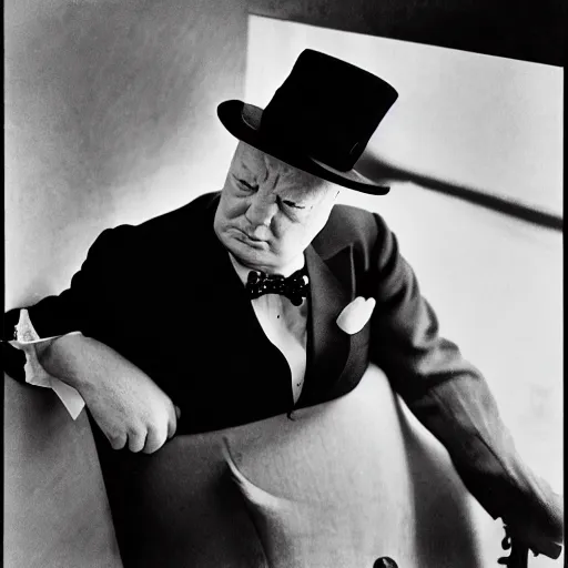 Image similar to a portrait of winston churchill being more hungover than he has ever been before. by arnold newman.