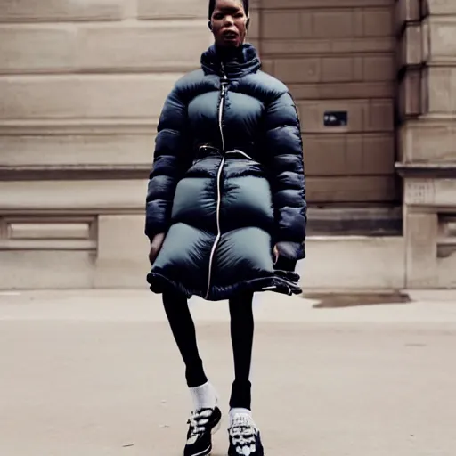 Image similar to realistic photoshooting for a new balenciaga lookbook color film photography of a beautiful woman model, model wears a puffer jacket, photo in style of tyler mitchell, ssense