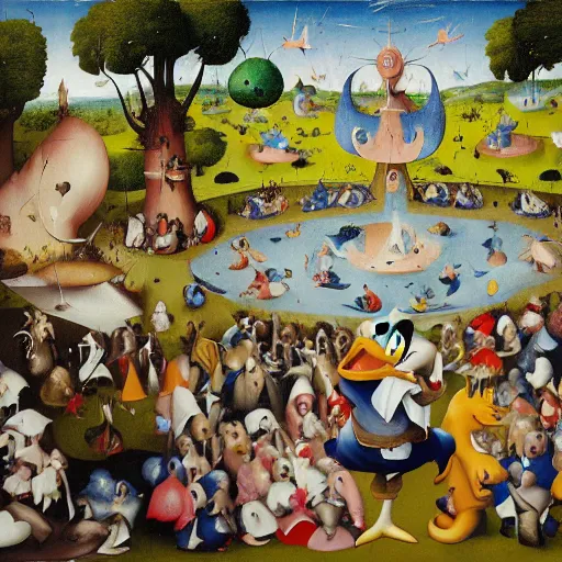 Prompt: donald duck in the garden of earthly delights by hieronymus bosch, hyper detailed, photorealistic, trending on artstation, rule of thirds, super sharp, crispy.