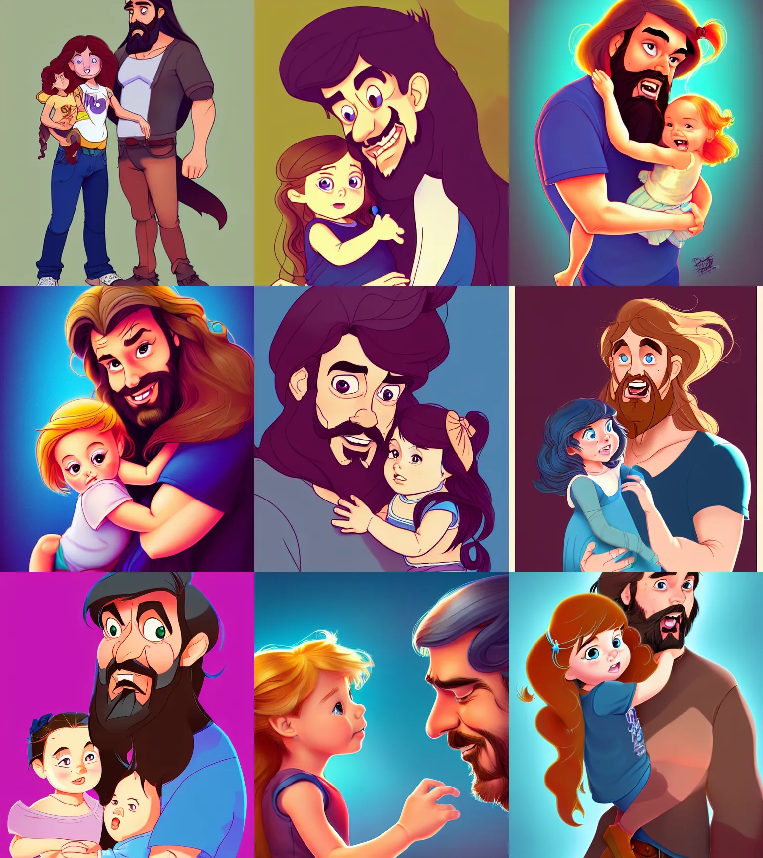 Image similar to a long - haired bearded father and his child toddler girl full color digital illustration in the style of don bluth, artgerm, artstation trending, 4 k