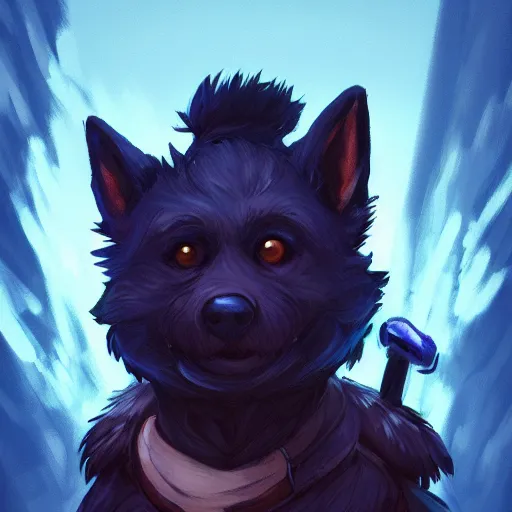 Image similar to portrait of an anthropomorphic puppy knight, puppy face, dark blue fur, angry look, ready for battle, mattepainting concept blizzard pixar maya engine on cold night stylized background splash comics global illumination lighting artstation lois van baarle, ilya kuvshinov, rossdraws