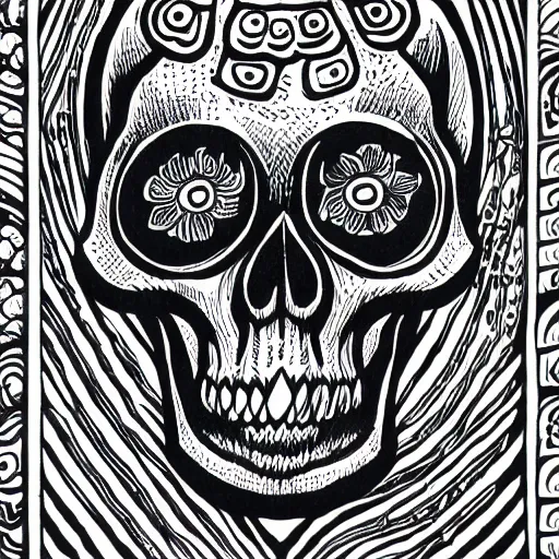 Prompt: skull and mushrooms, bold stylized block print, 4k, black ink on white paper