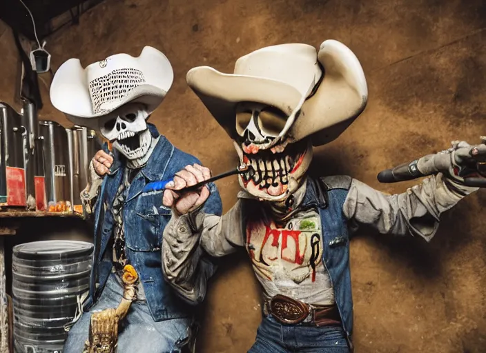 Prompt: a photo of an enraged angry skeleton in a cowboy costume shouting into a microphone in a dirty old garage filled with radio equipment and piles of beer cans