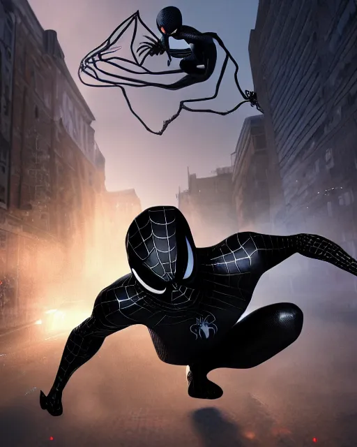 Prompt: photograph of a symbiote and spider - man hybrid, dslr, cinematic, volumetric lighting, 8 k resolution, photorealistic