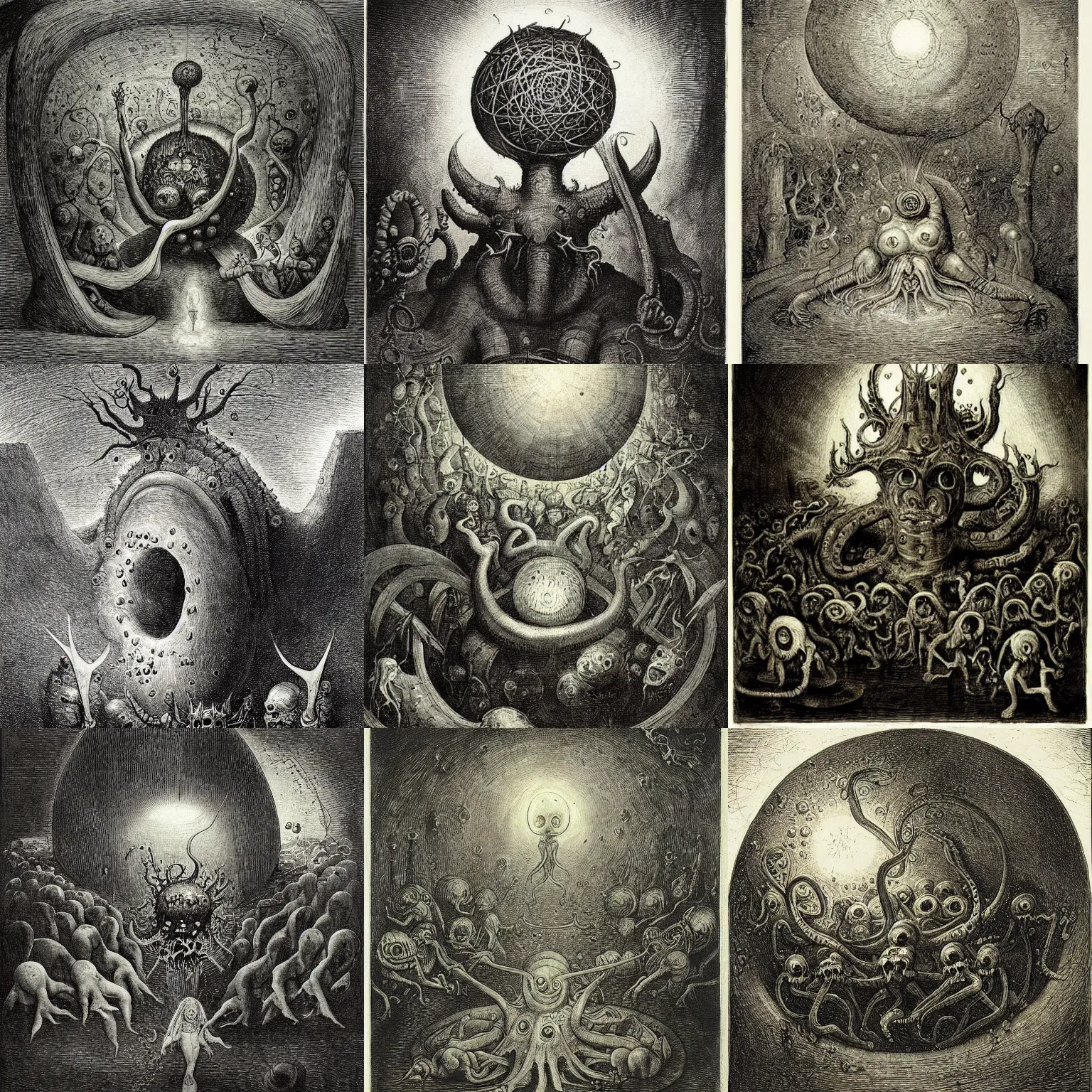 Prompt: azathoth by hieronymus bosch and gustave dore