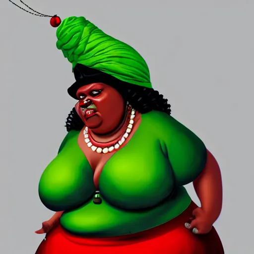 Prompt: A Concept art foreshortening portrait of the chubby Voodoo Lady from Monkey Island videogame | with a green turban | with a Red dress | Pearls necklace | Siting in her big Voodoo throne | Fat black woman | Detailed Voodoo Throne. cinematic lighting, highly detailed, realistic details, rendered in Octane, cgsociety, 4k post-processing highly detailed, realistic face, trending on artstation, by craig mullins. Steve Purcell. H 1280