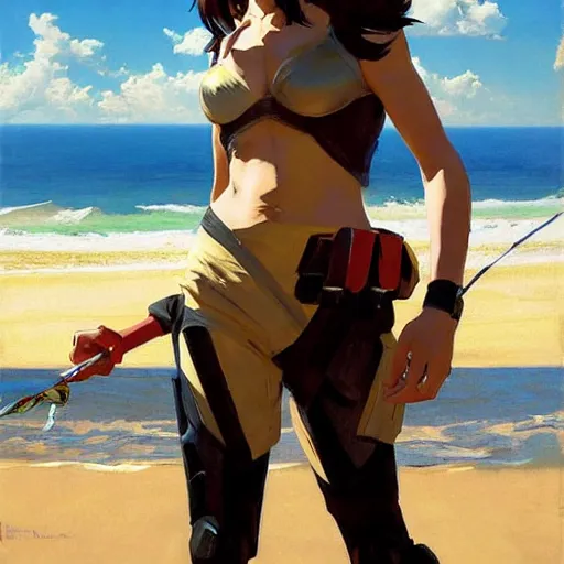 Image similar to greg manchess painting of tracer wearing a knight armor in a beach, medium shot, organic painting, sunny day, bold shapes, hard edges, street art, trending on artstation, by huang guangjian and gil elvgren and sachin teng and artgerm and greg rutkowski and alphonse mucha