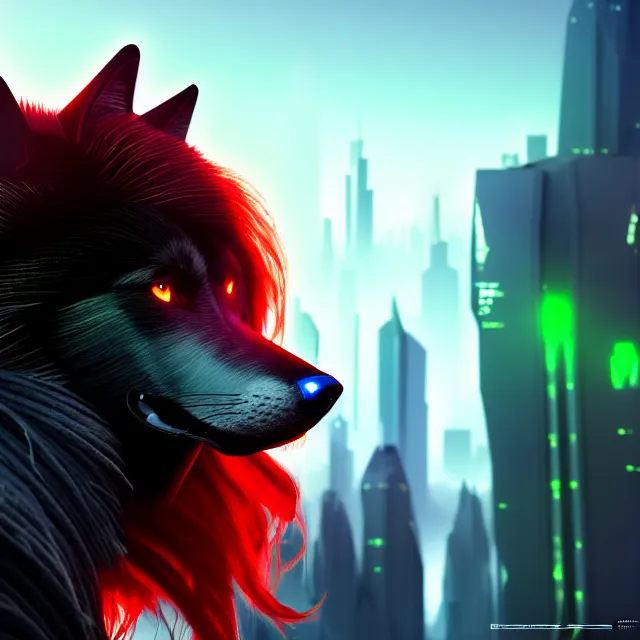 Prompt: portrait of a anthropomorphic black male wolf with long red hair wearing futuristic armor in a futuristic city | | concept art, 4 k, green volumetric lighting, highly detailed, photorealistic, trending on artstation