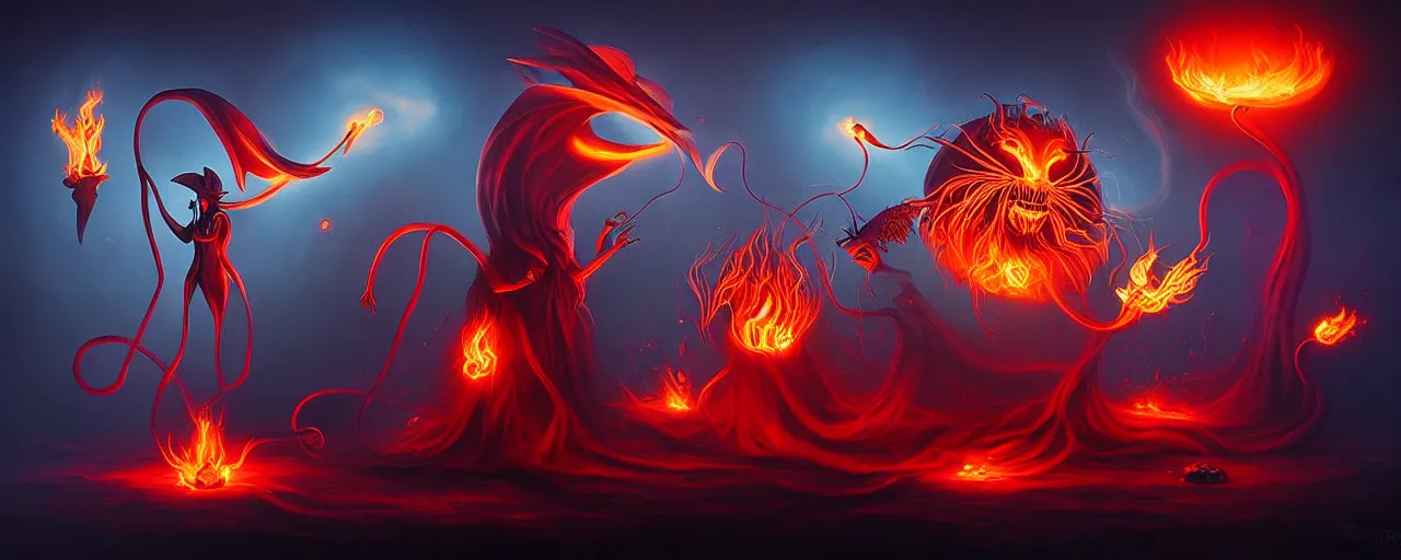 Image similar to whimsical fiery alchemical creatures, surreal dark uncanny painting by ronny khalil