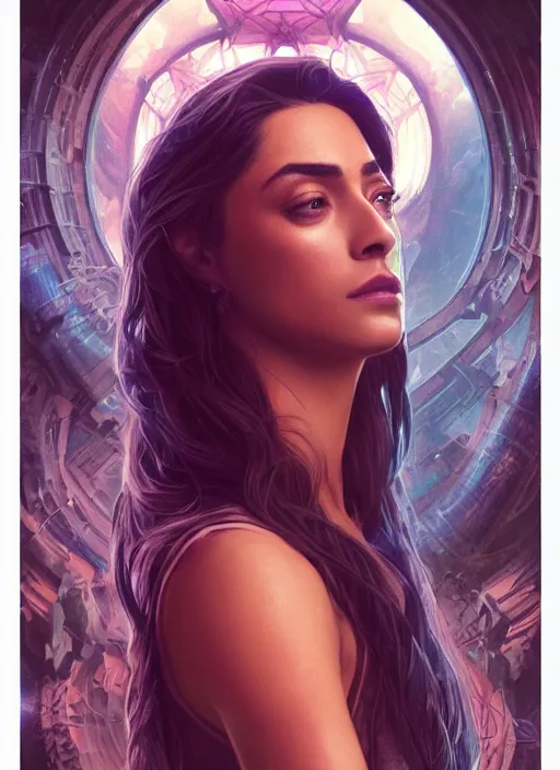 Image similar to altered carbon, Maya Ali as a sorceress, side view, tarot card, sweat drops, fibonacci, fractals, insane, prismatic, intricate, highly detailed, digital painting, artstation, concept art, smooth, sharp focus, illustration, Unreal Engine 5, 8K, art by artgerm and greg rutkowski and alphonse mucha