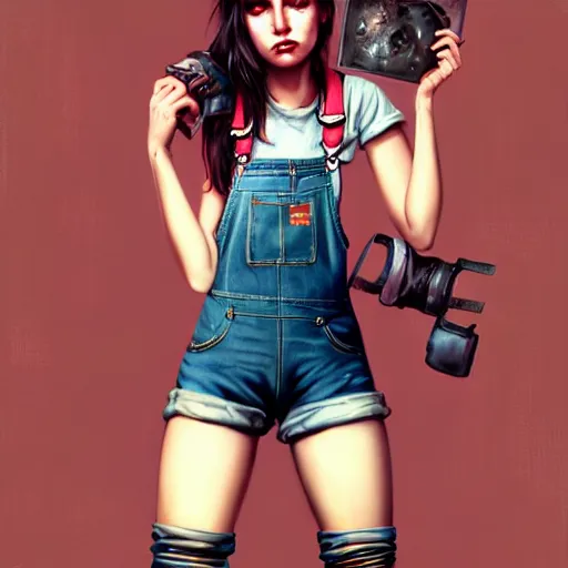 Image similar to full body pose, grungy very attractive alice, torn overalls, short shorts, combat boots, fishnets, beautiful, highly detailed face, true anatomy!, extremely detailed!, digital painting, unreal engine 5, art by tom bagshaw