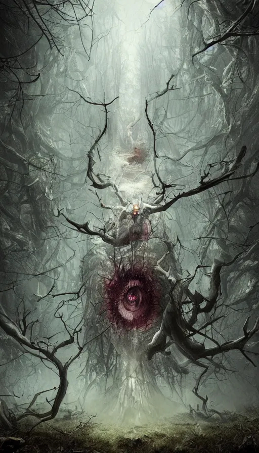 Prompt: a storm vortex made of many demonic eyes and teeth over a forest, by ryohei hase