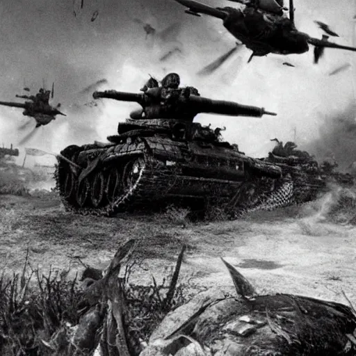 Image similar to black and white photo Dragons in Battle of Kursk WWII, dragons flying, tanks