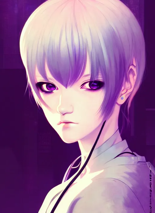 Image similar to portrait Anime girl cyberpunk, cute-fine-face, white-hair pretty face, realistic shaded Perfect face, fine details. Anime, cyberpunk. realistic shaded lighting by Ilya Kuvshinov and Gustav Klimt