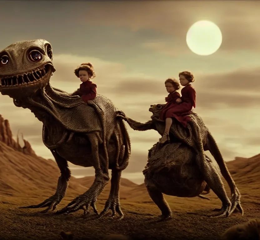 Image similar to sharp, highly detailed, film from a 2 0 1 9 sci fi 8 k movie, set in 1 8 6 0, a human family riding on the back of small cute alien creatures, across an alien landscape, wearing 1 8 6 0 s clothes, atmospheric lighting, in focus, reflective eyes, 3 5 mm macro lens, live action, nice composition