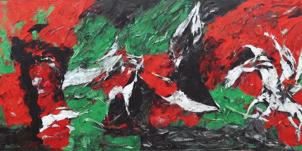 Image similar to dramatic painting of freedom for palestine, red green white black