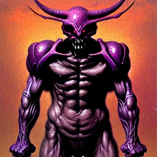 Image similar to demon with purple chestplate and black armor, muscles, balrog, beksinski