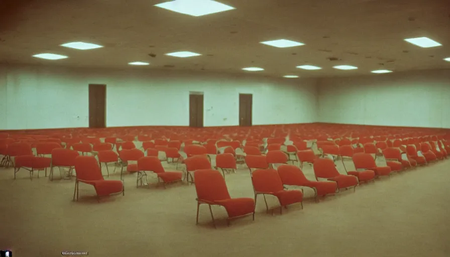 Image similar to 60s movie still of a sovietic stalinist style empty ballroom with many shower, cinestill 800t 50mm eastmancolor, liminal Space style, heavy grain-s 150