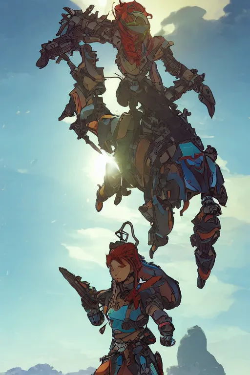 Image similar to combination suit armor aloy horizon forbidden west horizon zero dawn robot ninja mask helmet backpack tribal, art gta 5 comics, official fanart behance hd artstation by jesper ejsing, by rhads, makoto shinkai and lois van baarle, ilya kuvshinov, ossdraws radiating a glowing aura cgi rtx 2 0 2 2