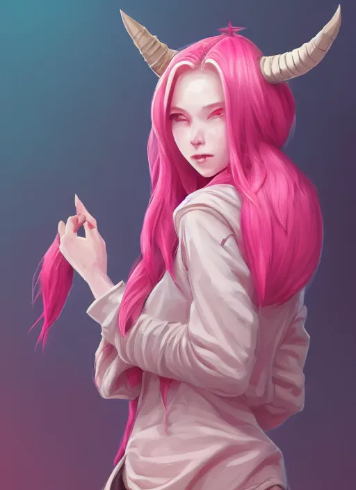 Prompt: a highly detailed illustration of cute smug pink haired pale girl with horns wearing oversized pink hoodie, dramatic smirk pose, intricate, elegant, highly detailed, centered, digital painting, artstation, concept art, smooth, sharp focus, league of legends concept art, wlop.