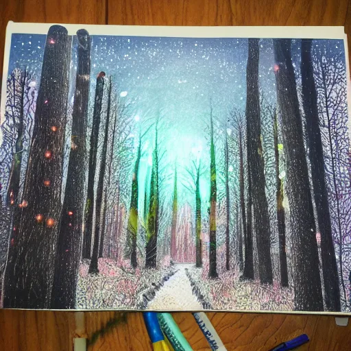 Image similar to bright nordic forest, sparkling spirits, detailed wide shot, crayon, ground detailed, wet eyes reflecting into eyes reflecting into infinity, beautiful lighting