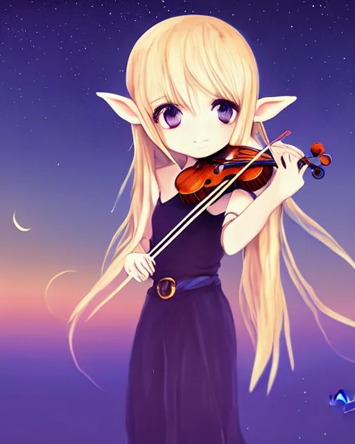 Image similar to chibi, cute, female, full body, elf girl with white skin and golden long wavy hair, holding a violin and playing a song, stunning art style, filters applied, lunar time, night sky, trending art, sharp focus, centered, landscape shot, fate zero, simple background, studio ghibly makoto shinkai yuji yamaguchi, by wlop