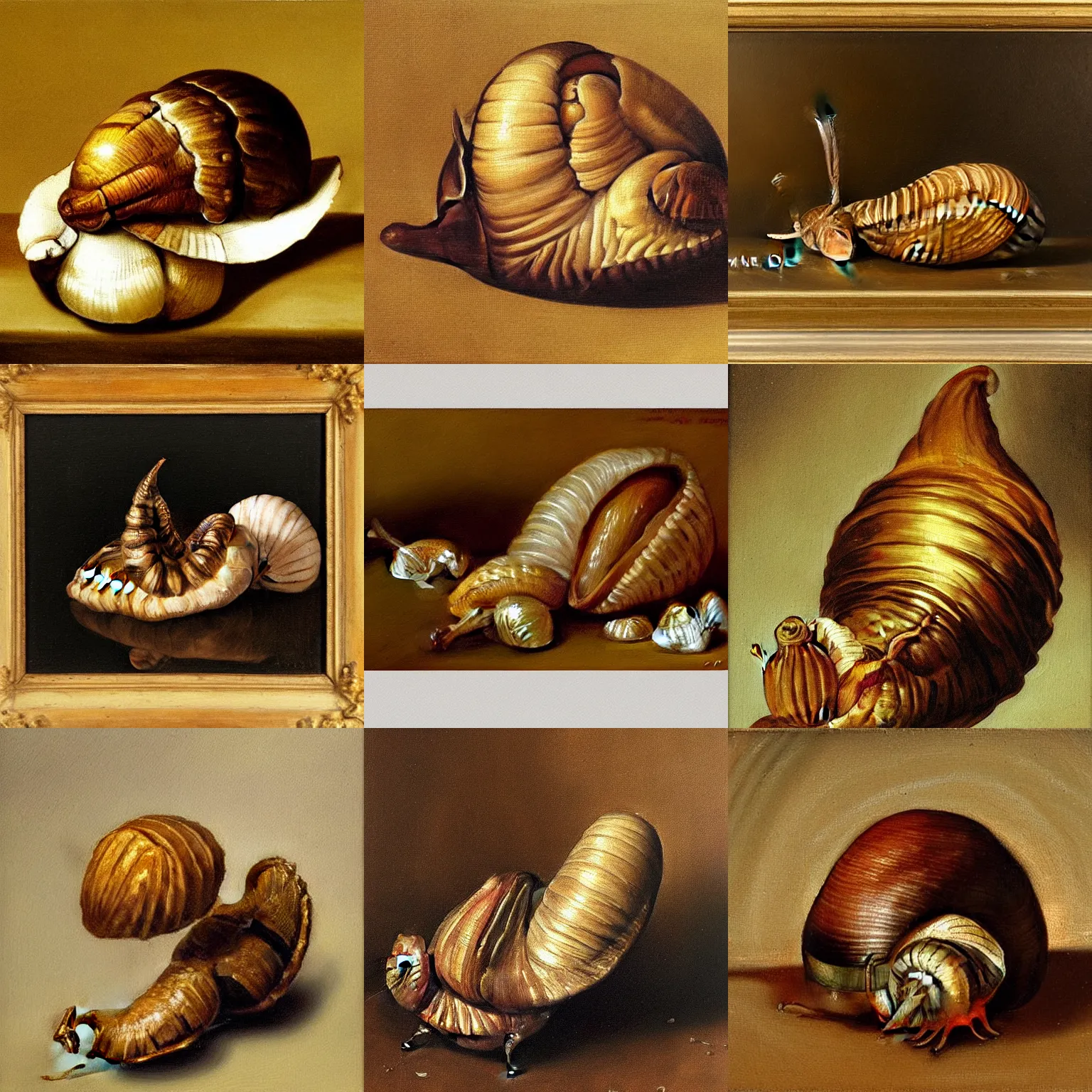 Prompt: highly detailed, by diego velazquez, artstation, oleo, sharp focus, an oil painting of a snail with house in his shell