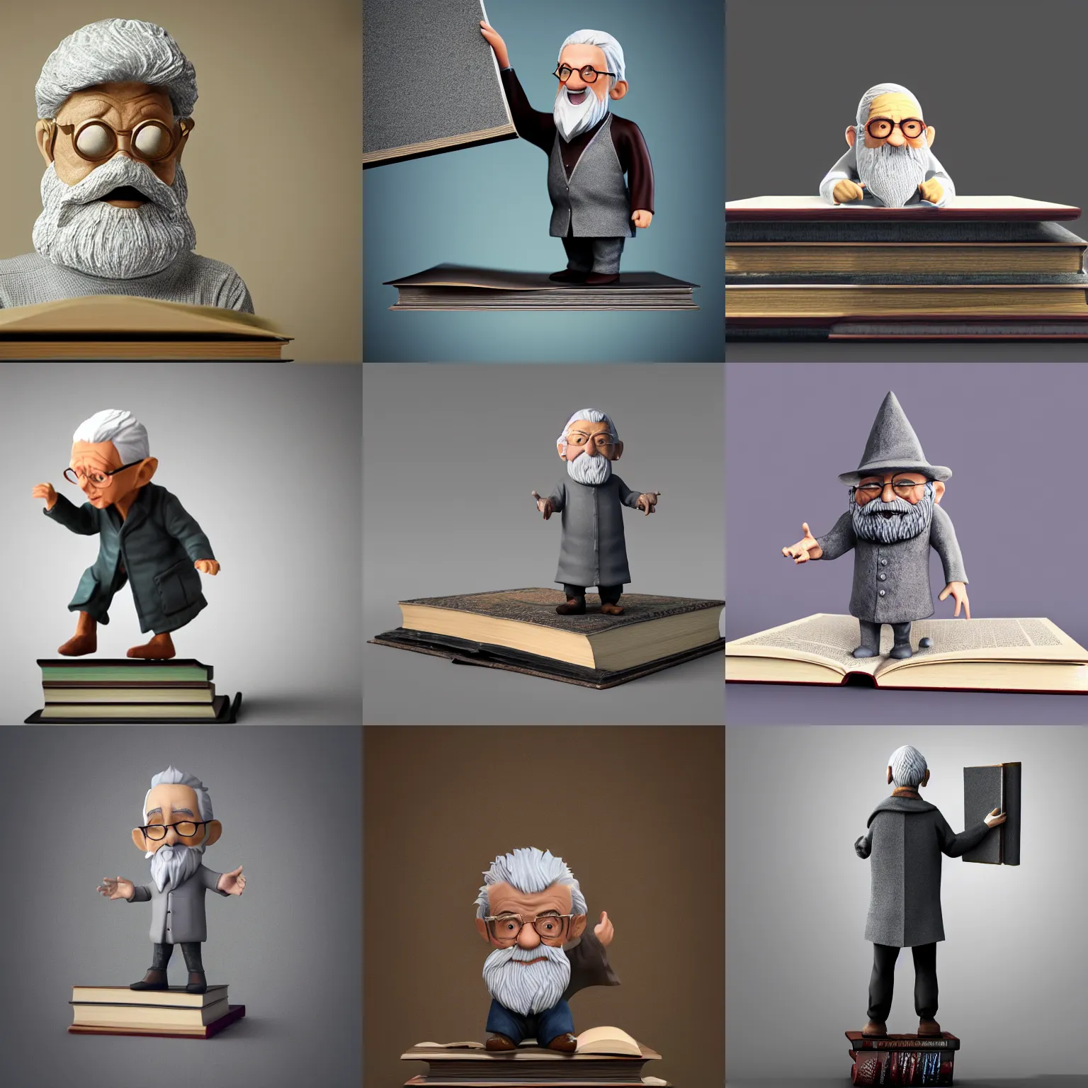 Prompt: a realistic diminutive gray haired old wizard figurine standing on a giant book, realistic, 3 d render, behance, octane render, glossy, reflecting,
