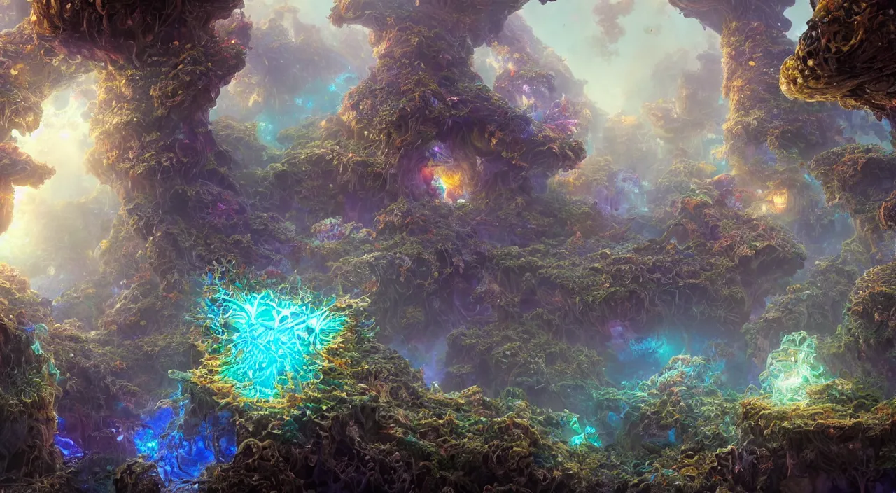 Prompt: a fractal wonderland, crystal growths, mushroom ecosystem - rays, ray - tracing, cinematic lighting, 4 k smooth, focus, cinematic, concept art, highly detailed, artstation, trending, feng zhu, shaddy safadi, noah bradley, tyler edlin, jordan grimmer, darek zabrocki, neil blevins, tuomas korpi