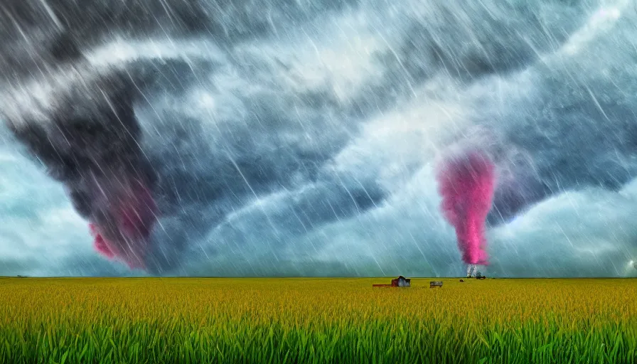 Image similar to a tornado rips through a farm field, digital art, highly detailed, realistic, bright colors, 8 k