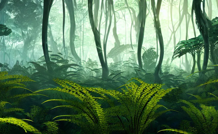 Image similar to a beautiful render of a dark prehistoric fern forest, lush flora, patches of yellow sky, dark green leaves, blue shadows, intricate detail, hazy, humid, volumetric lighting, 8 k, photorealistic, raytracing effects, unreal engine 5