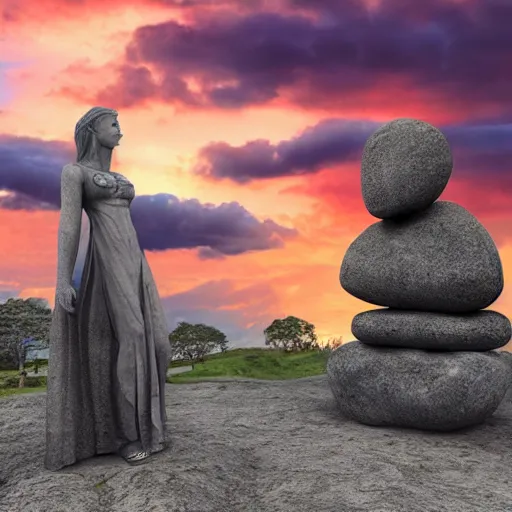 Prompt: a giant stone statue of the lambda symbol, epic sunset skies in the background, highly detailed digital art by jullie bell