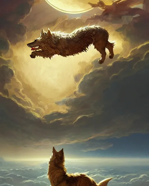 Image similar to '' Illustration of giant gold wolf chasing the moon through the sky, league of legends, LOL, fantasy, d&d, digital painting, artstation, concept art, sharp focus, illustration, art by greg rutkowski and alphonse mucha ''