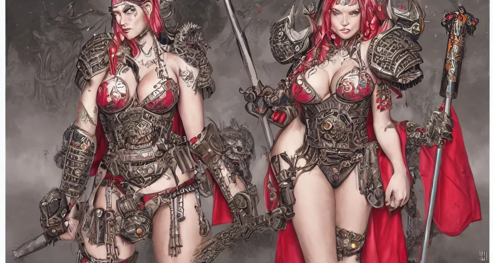 Prompt: full body portrait of aRatajkowski bikini armour warhammer 40000, as Geishas covered with dragon tattoos, D&D, fantasy, highly detailed, digital art, trending on artstation, smooth, sharp focus, illustration, art by Ryan Ottley
