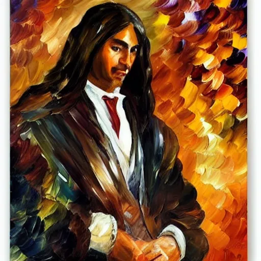 Image similar to portrait of a middle aged ancient nobleman with a long face, brown skin and long brown hair. by leonid afremov