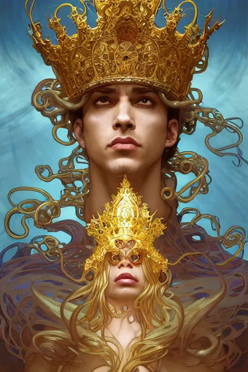 Image similar to Prince , a golden crown floating above his head, tentacles coming out the ground art by Artgerm and Greg Rutkowski and Alphonse Mucha and Craig Mullins and James Jean and Andrei Riabovitchev and Marc Simonetti and peter mohrbacher, sharp focus, ominous, cosmic horror, trending on artstation, Ultra detailed, hyper realistic 4k