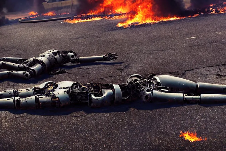 Image similar to vfx film closeup, dead robot couple on the ground holding hands, city street tire tracks fire. flat color profile low - key lighting award winning photography arri alexa cinematography, hyper real photorealistic cinematic atmospheric cool colorgrade