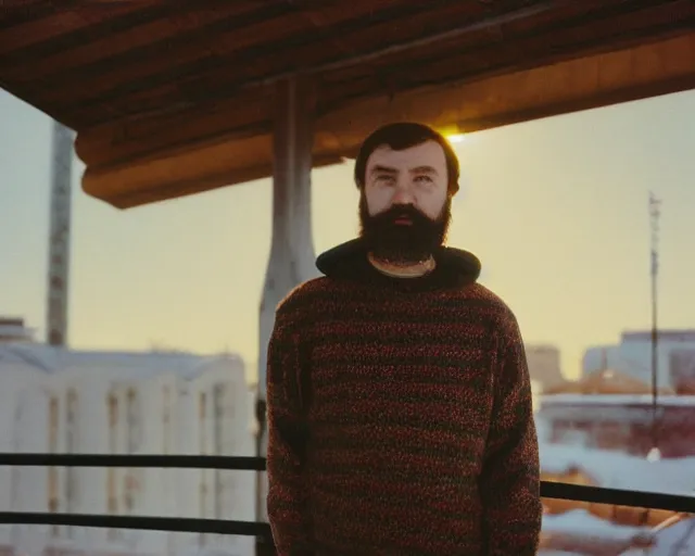 Image similar to lomographic photo of 4 0 years russian man with beard and sweater standing on small hrushevka 9 th floor balcony in taigaд looking at sunset, perfect faces, cinestill, bokeh