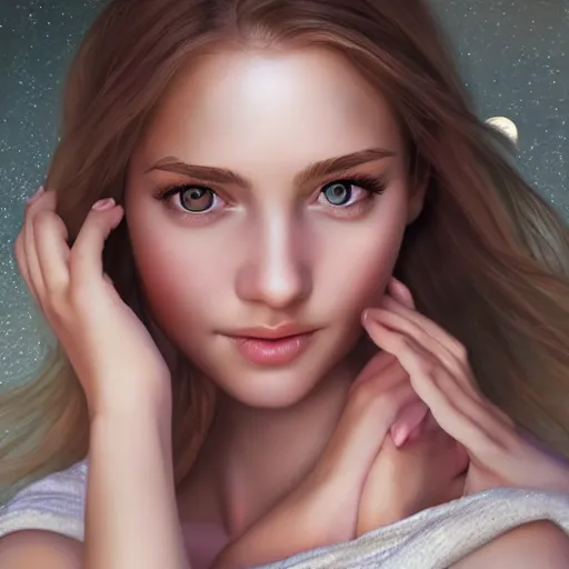 Image similar to a giddy gorgeous female, photo, professionally retouched, soft lighting, wearing sundress, illuminated by moonlight, realistic, smooth face, goddess, luscious lips, perfect eyes, wide angle, sharp focus on eyes, 8 k high definition, insanely detailed, intricate, elegant, art by artgerm and wlop