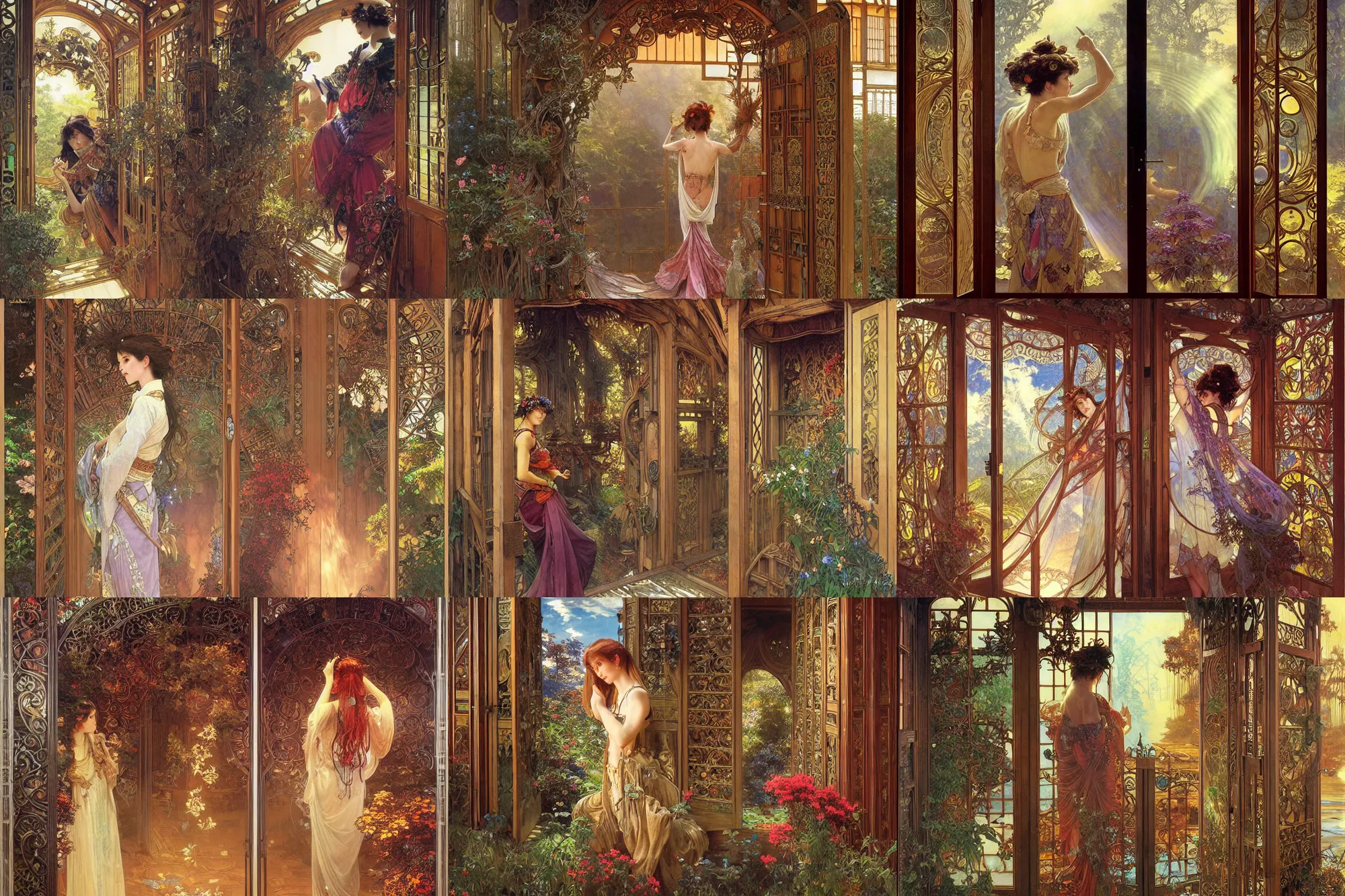 Prompt: large rustic intricately decorated wooden double door, metal handles, a view to a fantasy world, ethereal back light, mist, coherent composition, fantasy painting by noriyoshi ohrai, alphonse mucha