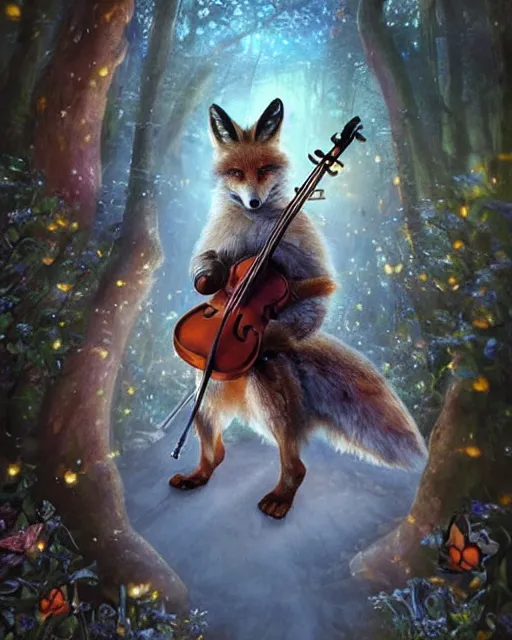 Image similar to Fox playing violin in magical forest, portrait, wearing hat, magical notes, fairy atmosphere, magic the gathering artwork, D&D, fantasy, cinematic lighting, centered, symmetrical, highly detailed, digital painting, artstation, concept art, smooth, sharp focus, illustration, volumetric lighting, epic Composition, 8k, art by Akihiko Yoshida and Greg Rutkowski and Craig Mullins, oil painting, cgsociety