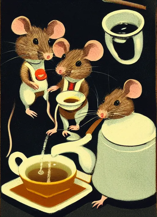 Prompt: an extreme close - up portrait of a mouse family drinking tea, samovar, by billy childish, thick visible brush strokes, shadowy landscape painting in the background by beal gifford, vintage postcard illustration, minimalist cover art by mitchell hooks