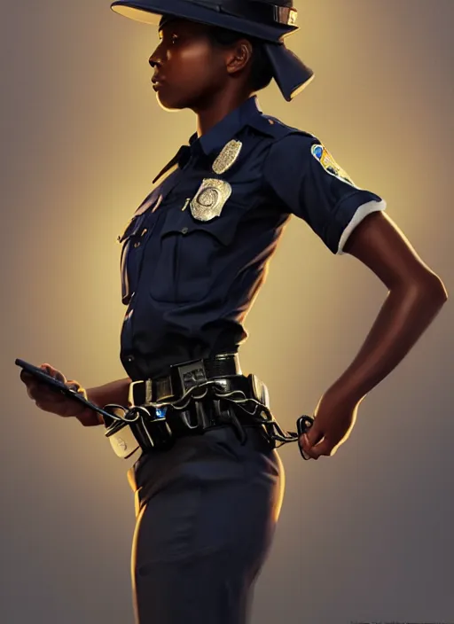 Prompt: full body portrait of young black woman as a police officer holding handcuffs, police uniform, intricate, beautiful and elegant, highly detailed, digital painting, artstation, concept art, smooth, sharp focus, illustration, art by wlop, mars ravelo and greg rutkowski
